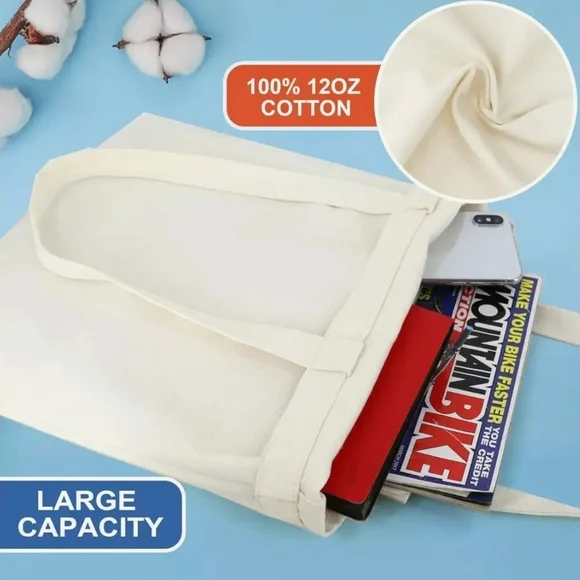 Books & Flowers Cotton Canvas Tote Bag with 2 Inner Pockets Reusable Washable - Picture 6 of 13